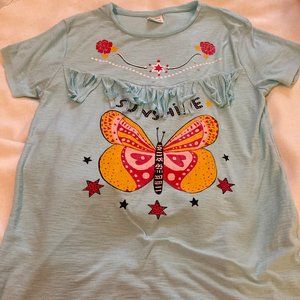 Zara Girls Blue Graphic Sunshine Tassled tee #0028